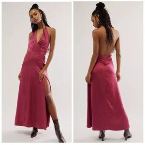 Free People Dance Till Dawn Maxi Midi Satin Halter Dress Size Small Rose Pink